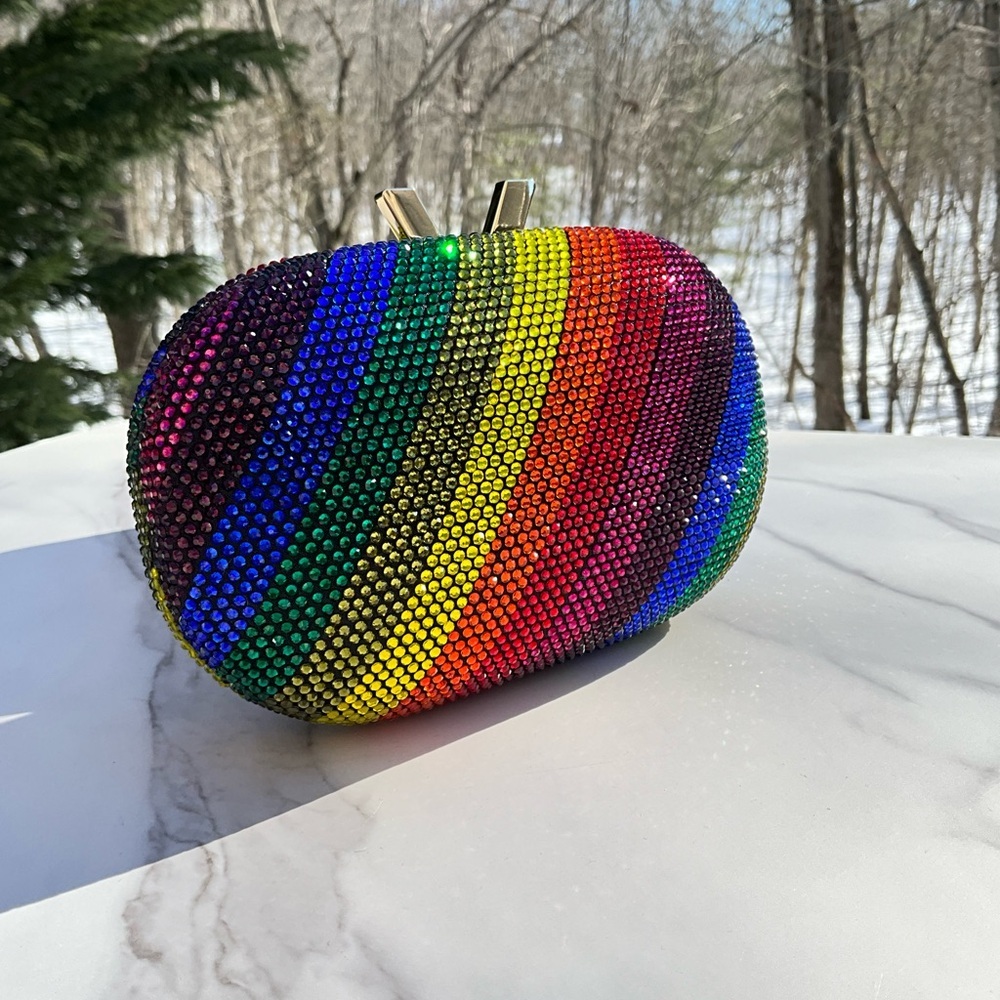 OLGA BERG Rainbow Crystal Clutch Evening Bag Pride Rhinestone Chain Crossbody